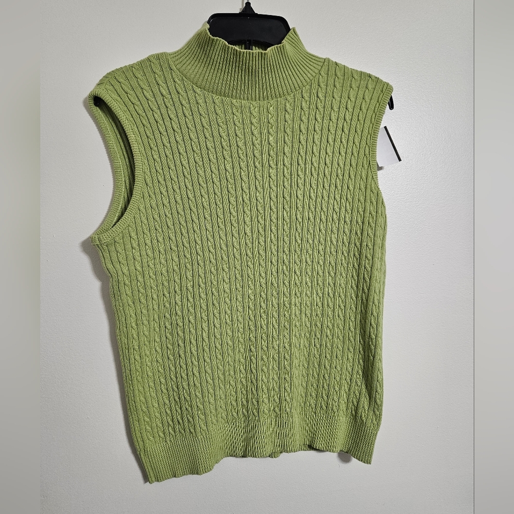 Vintage Lime Green sleeveless cableknit sweater mock neck Beetlejuice 90s sz M